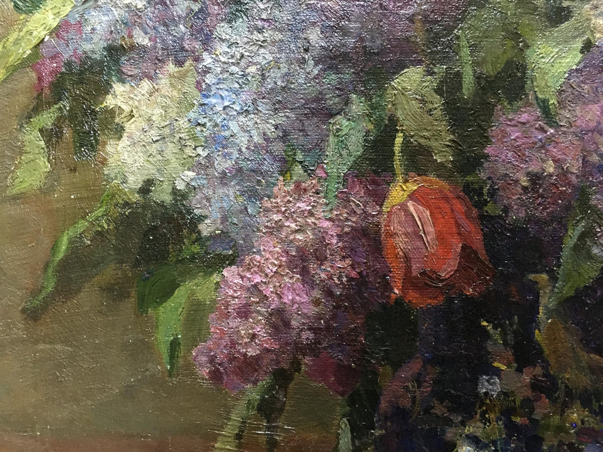 Oil painting of lilacs and tulips in morning light by unknown artist