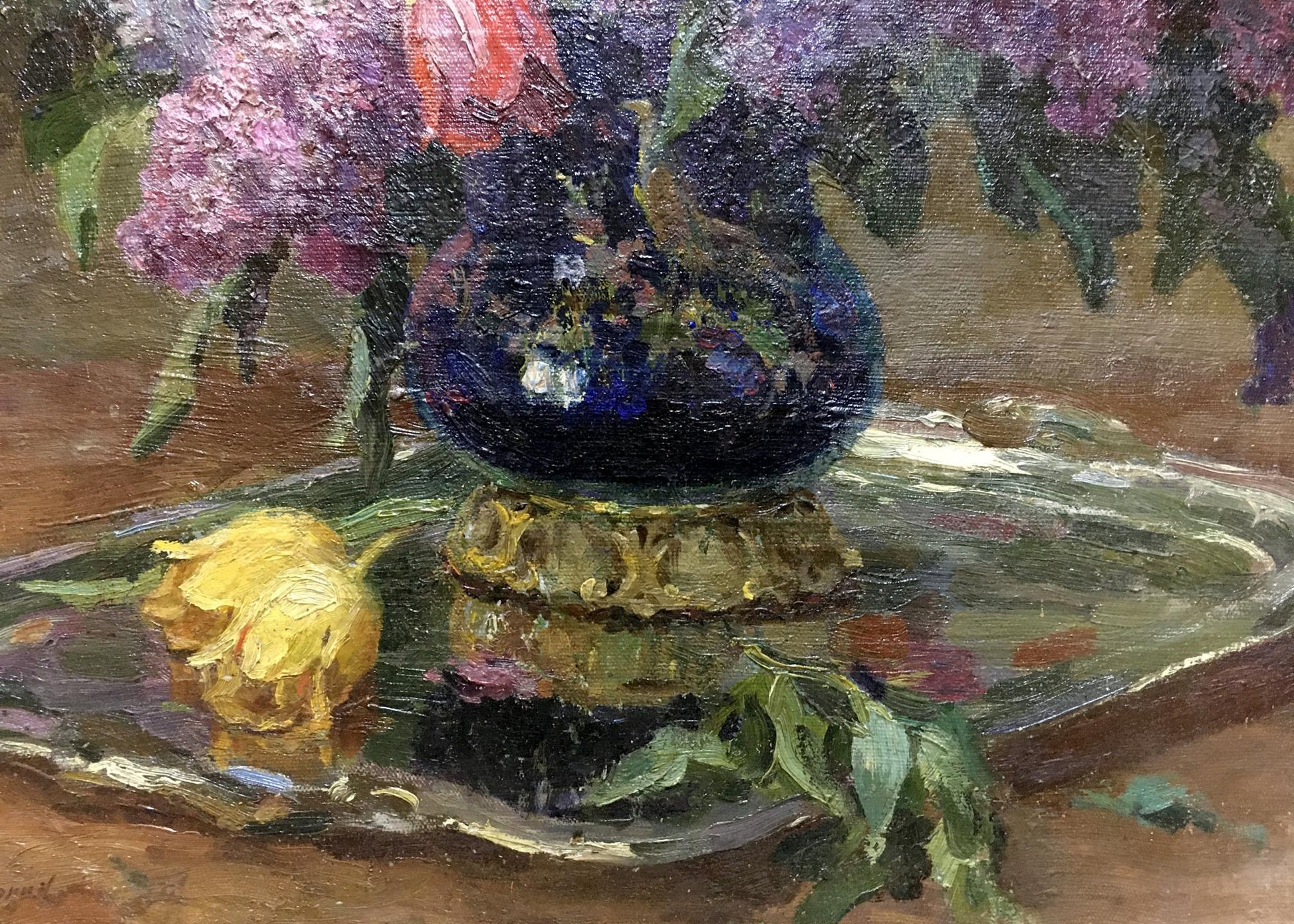 Oil painting of lilacs and tulips in deep blue vase with gold base