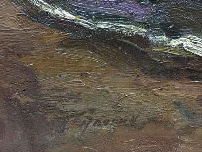Textured impasto oil painting of lilacs and tulips in morning, earthy browns and greens