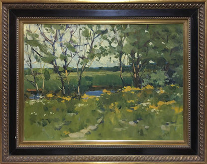 Framed oil painting Oil painting In summer Polurezov G.I. sunlit meadow