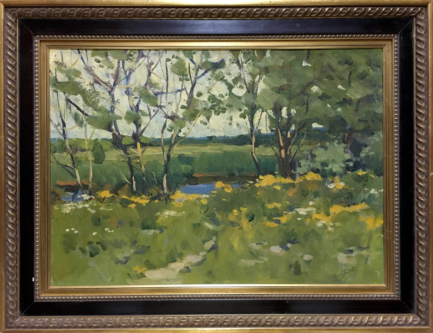 Framed Oil painting In summer Polurezov G.I. serene landscape with trees flowers path