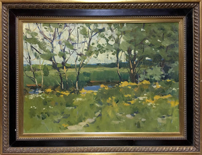 Framed Oil painting In summer Polurezov G.I. serene landscape with trees flowers path