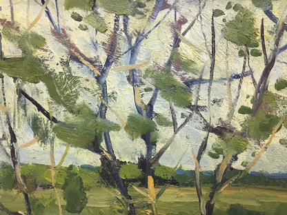 Impressionistic oil painting of summer trees by Polurezov G.I. in greens, blues, whites