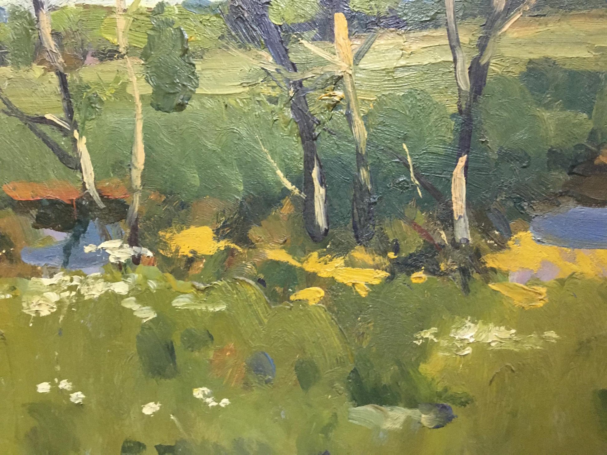 Vibrant impressionist oil painting by Polurezov G.I.: tall trees, wildflowers, water