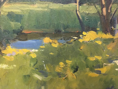 Vibrant impressionist oil painting by Polurezov G.I.: serene summer pond with wildflowers