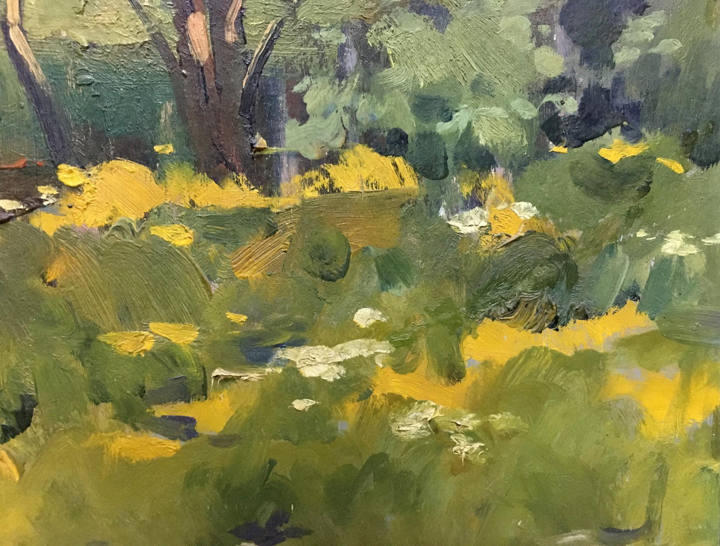 A vibrant impressionist painting featuring lush green foliage and bright yellow wildflowers under a tree.