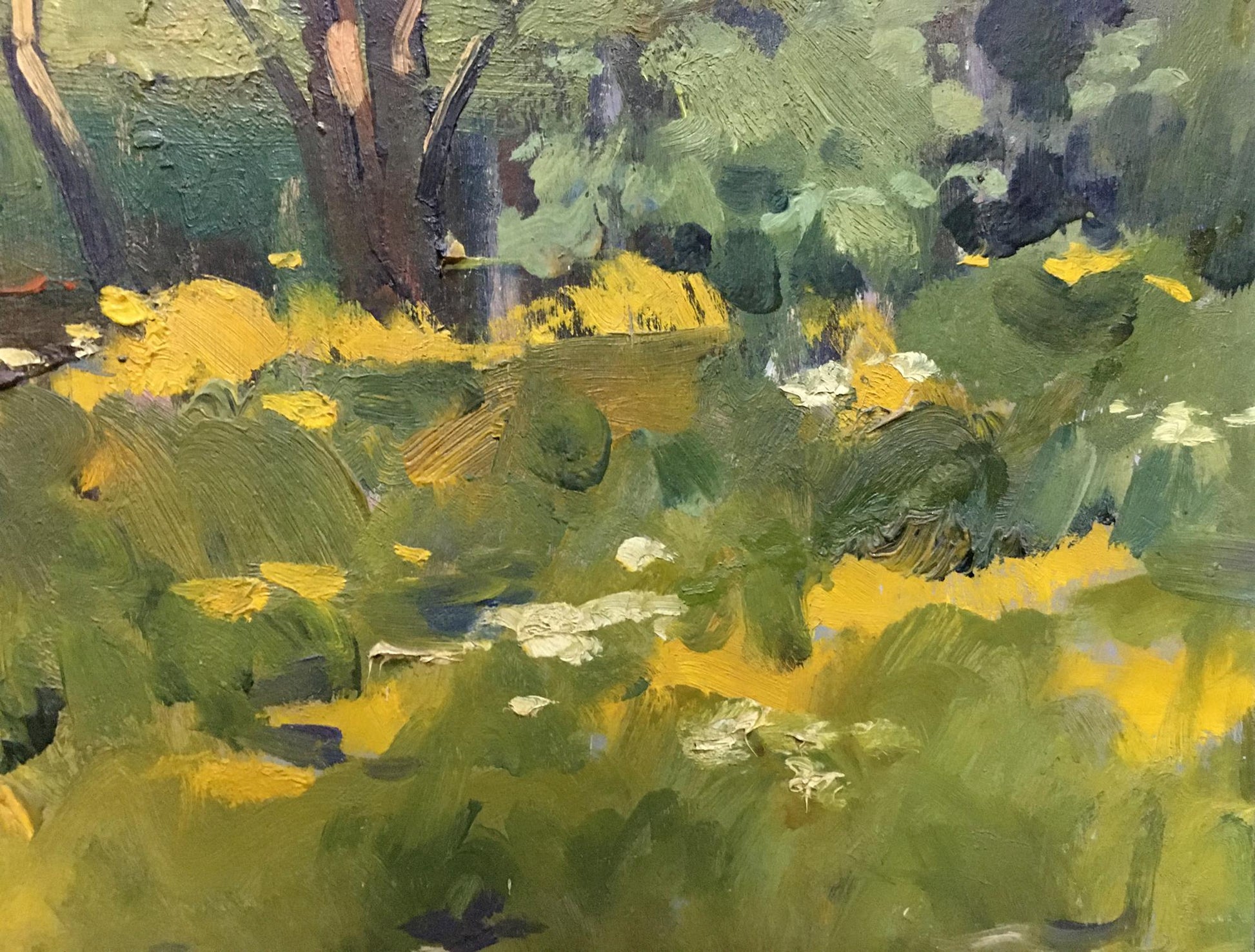 A vibrant impressionist painting featuring lush green foliage and bright yellow wildflowers under a tree.