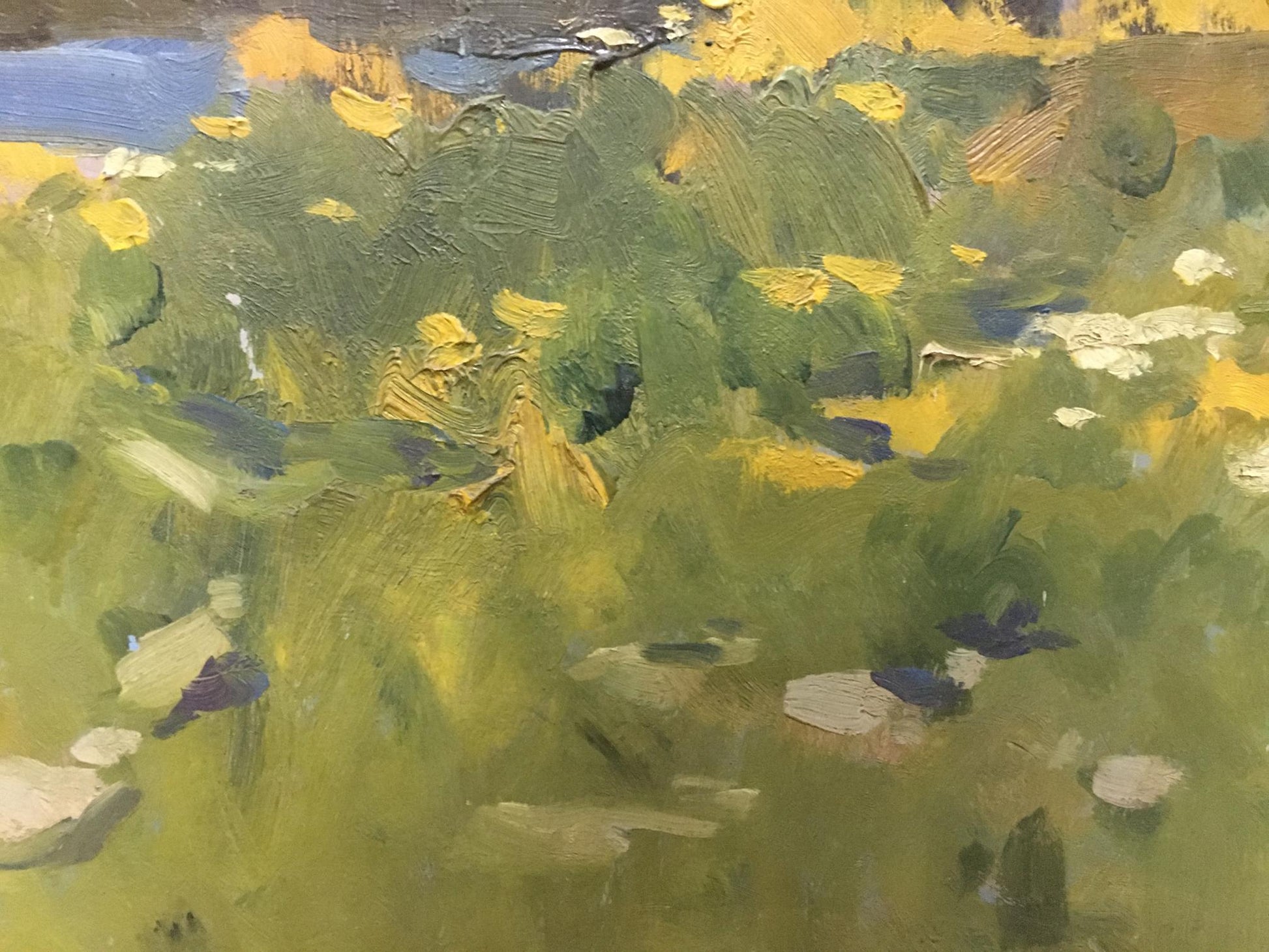 Textured oil painting by Polurezov G.I. of summer green yellow foliage and rocks