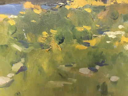 Textured oil painting by Polurezov G.I. of summer green yellow foliage and rocks