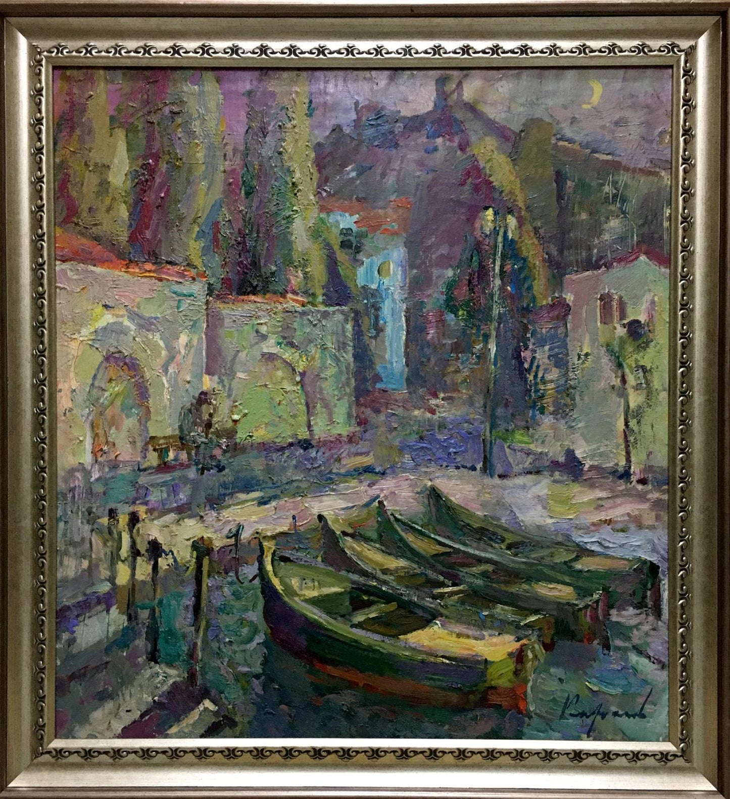 Framed Night Balaclava by Karpov impressionist oil painting of canal boats