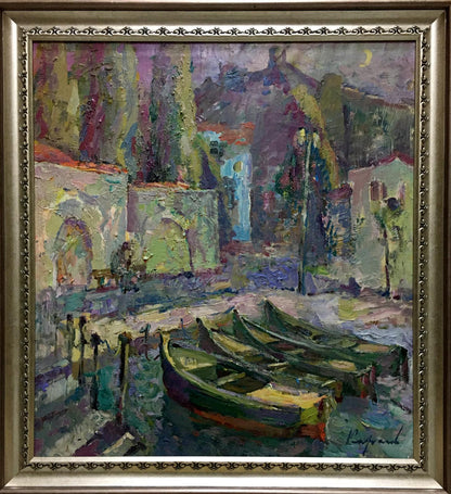 Framed Night Balaclava by Karpov impressionist oil painting of canal boats