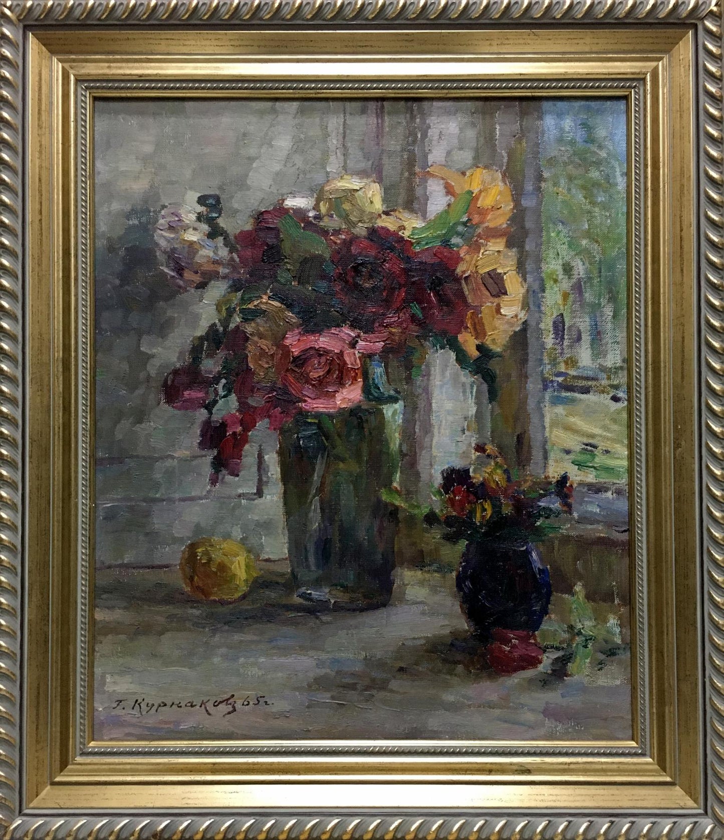 Oil painting of vibrant roses in green vase by Kurnakov Georgy Vasilievich