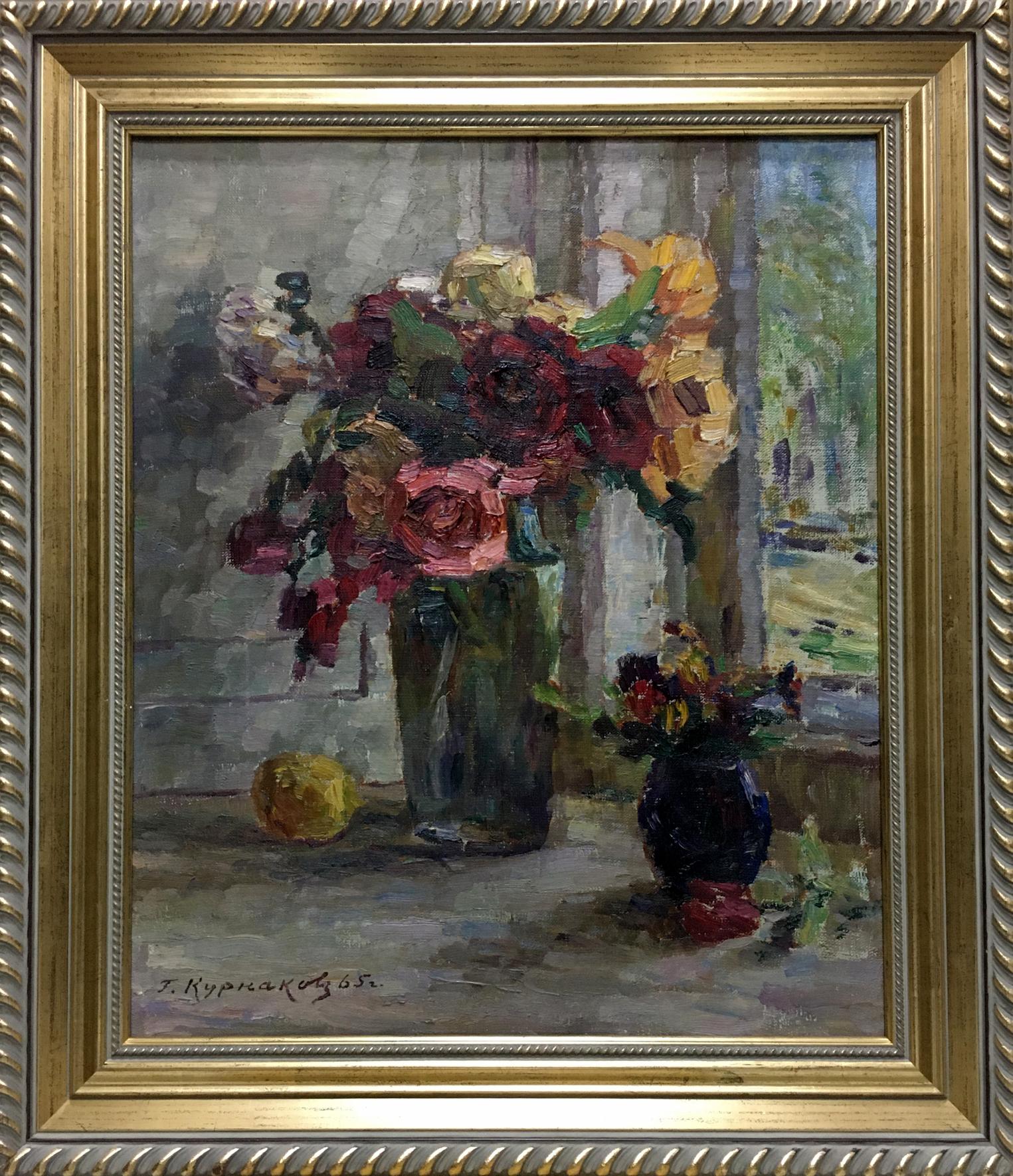 Oil painting of vibrant roses in green vase by Kurnakov Georgy Vasilievich