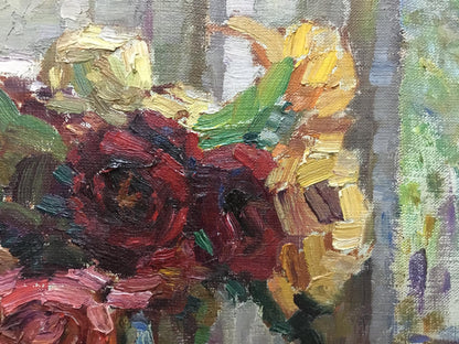 Oil painting of red roses and yellow sunflowers by Kurnakov Georgy Vasilievich