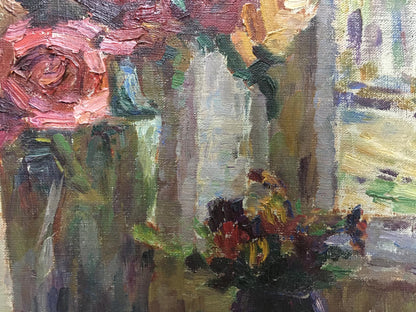 Oil painting of vibrant pink rose still life by Kurnakov Georgy Vasilievich