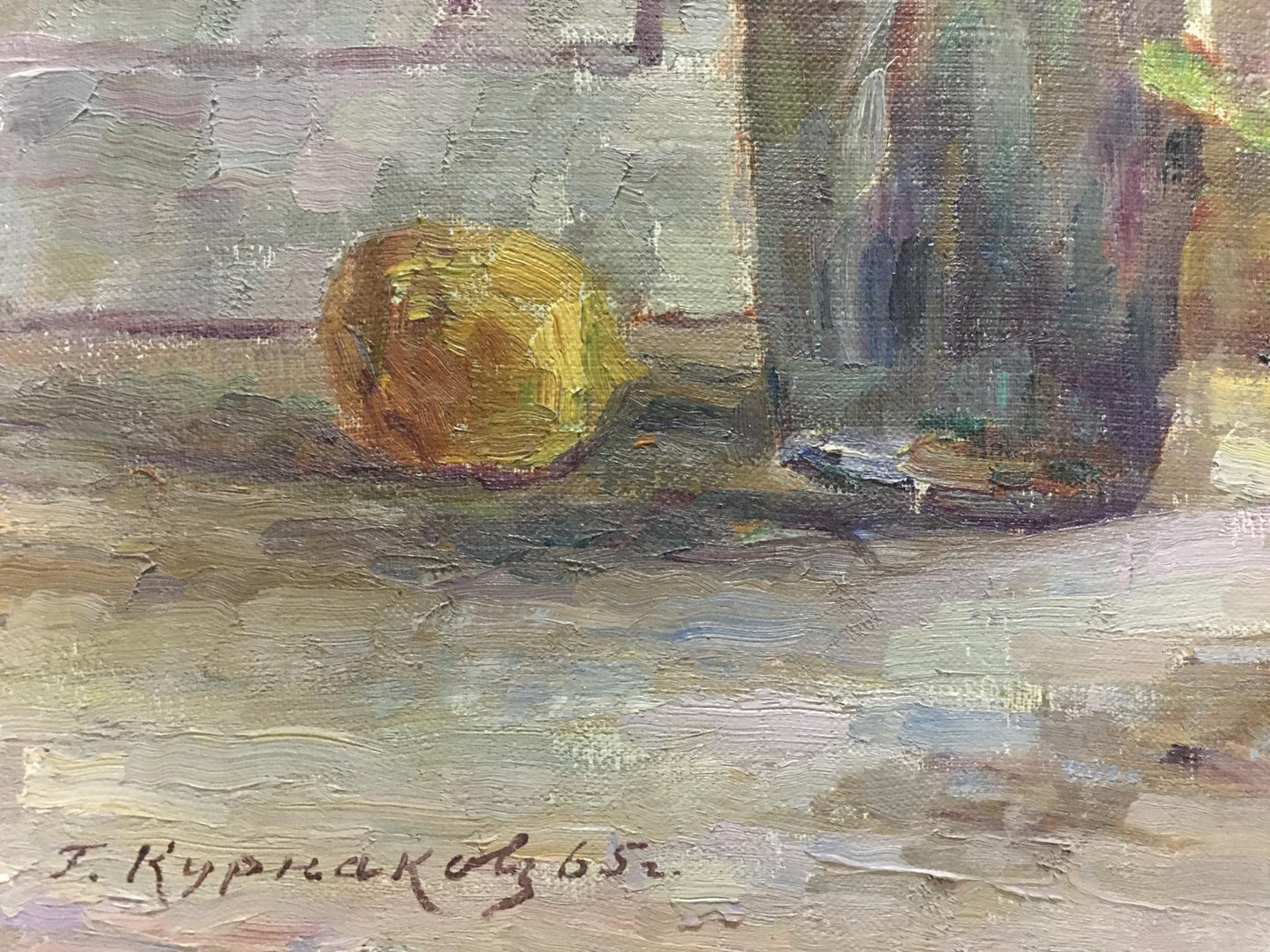 Oil painting of yellow-orange fruit and roses by Kurnakov Georgy Vasilievich