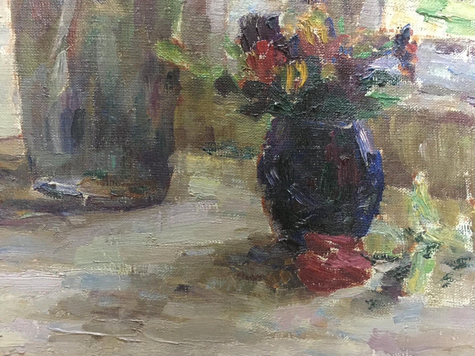 Oil painting of roses by Kurnakov Georgy Vasilievich in dark blue vase