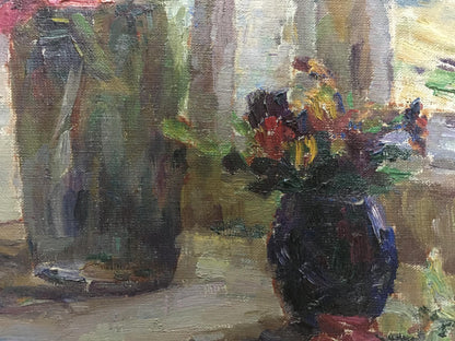 Oil painting of still life roses by Kurnakov Georgy Vasilievich in dark glossy vase