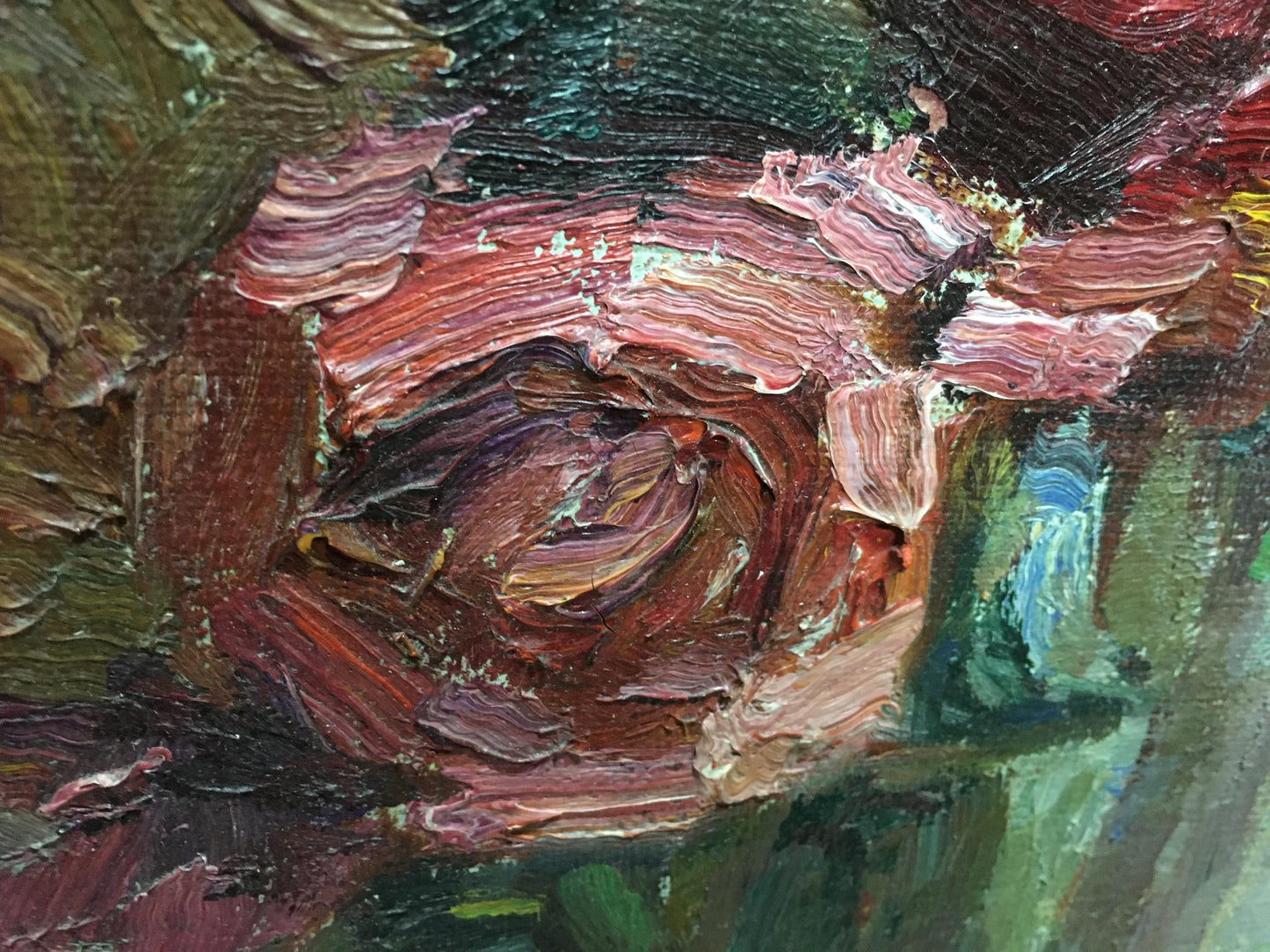 Oil painting of roses by Kurnakov Georgy Vasilievich, textured reds and purples