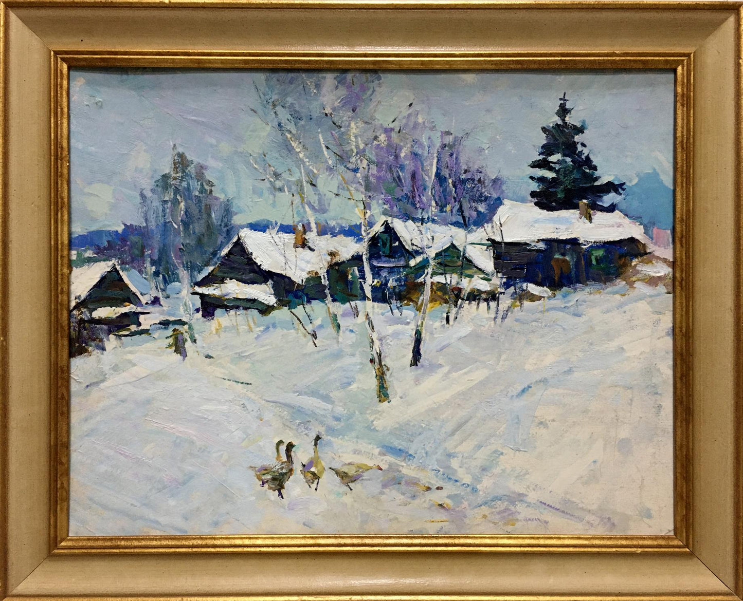 Oil painting Winter landscape by Petrov Ivan Semenovich, snowy village with geese