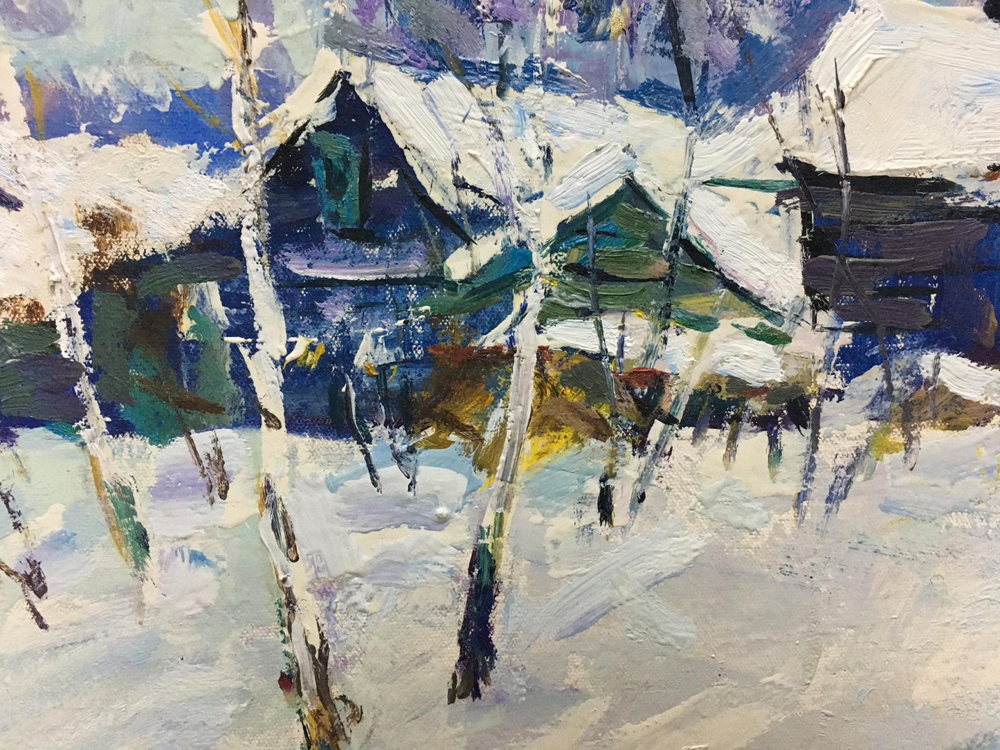 Oil painting Winter landscape by Petrov Ivan Semenovich, snowy houses and birches