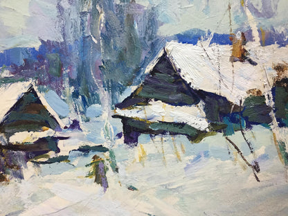Oil painting by Petrov Ivan Semenovich: snow-covered wooden houses in winter landscape