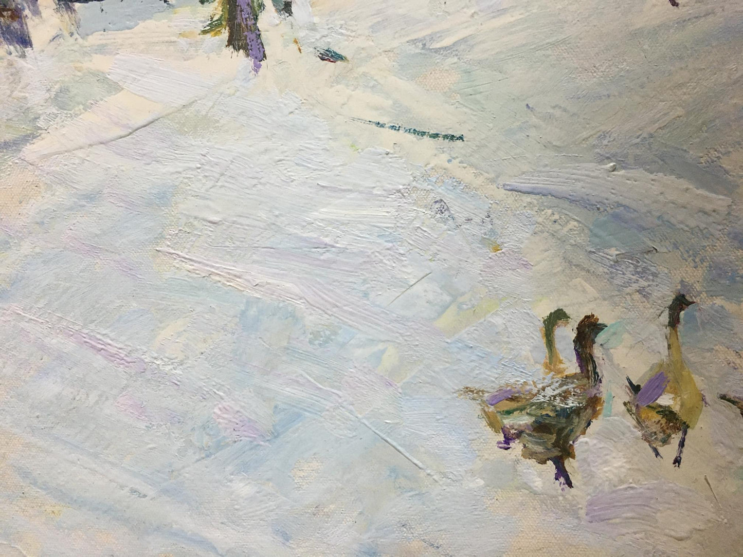 Oil painting by Petrov Ivan Semenovich: three geese in snowy landscape