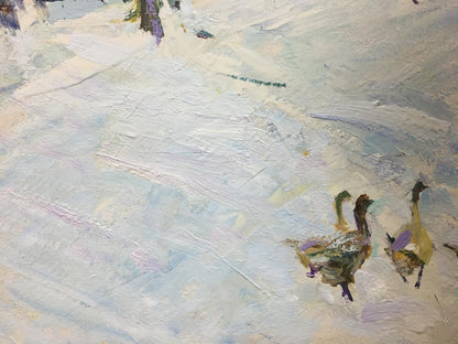 Oil painting by Petrov Ivan Semenovich: three geese in snowy landscape