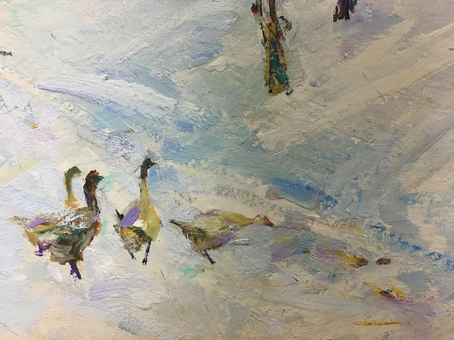 Impressionistic oil painting of geese in winter landscape by Petrov Ivan Semenovich