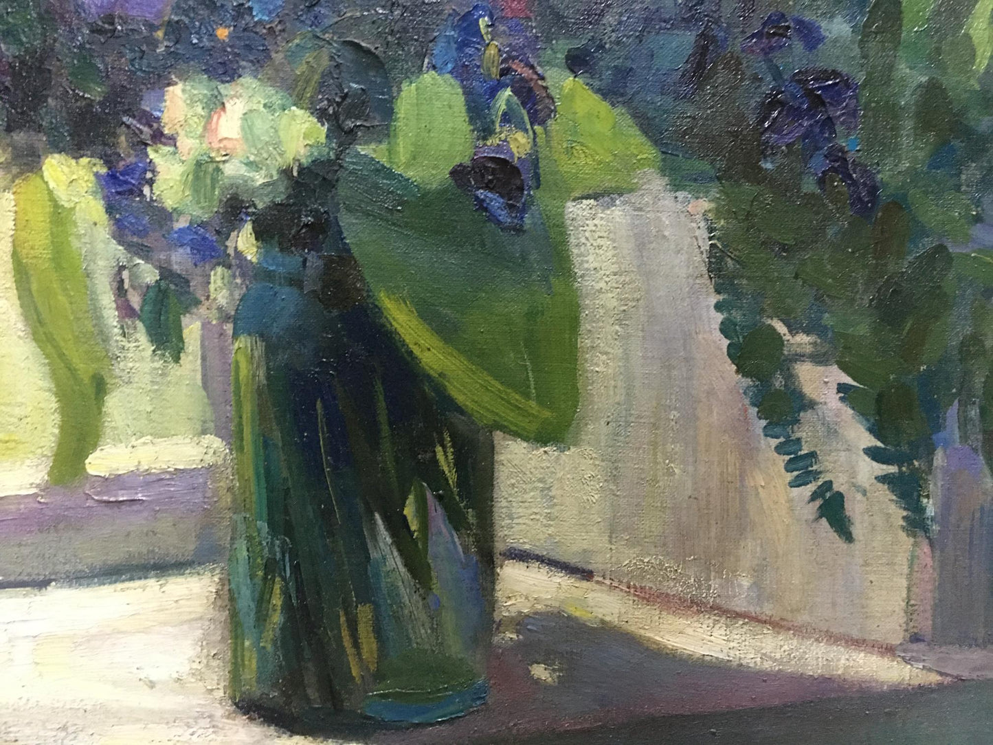 Oil painting of dark green glass vase with blue white forest flowers by Nesukai Vera Yakovlevna