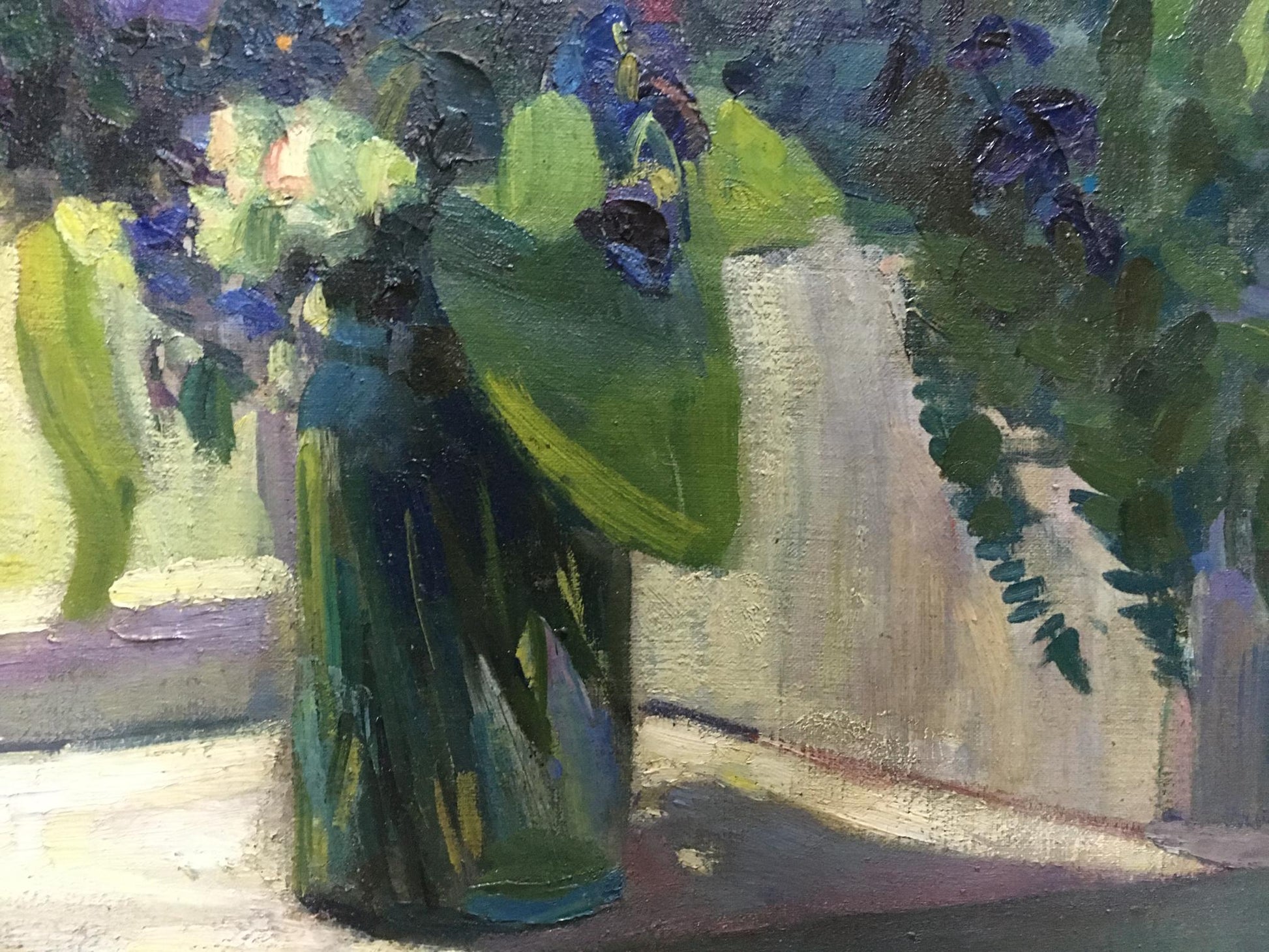 Oil painting of dark green glass vase with blue white forest flowers by Nesukai Vera Yakovlevna