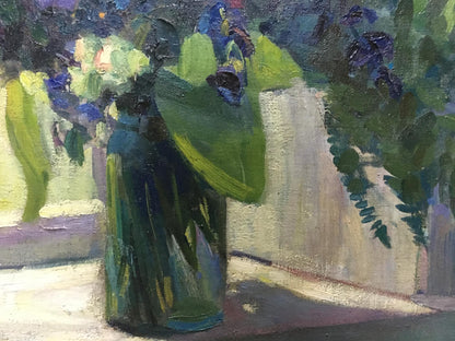 Oil painting of dark green glass vase with blue white forest flowers by Nesukai Vera Yakovlevna