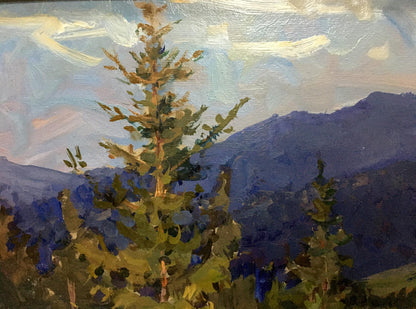 Oil painting by Anatoly Fomin: tall pine tree and purple mountains