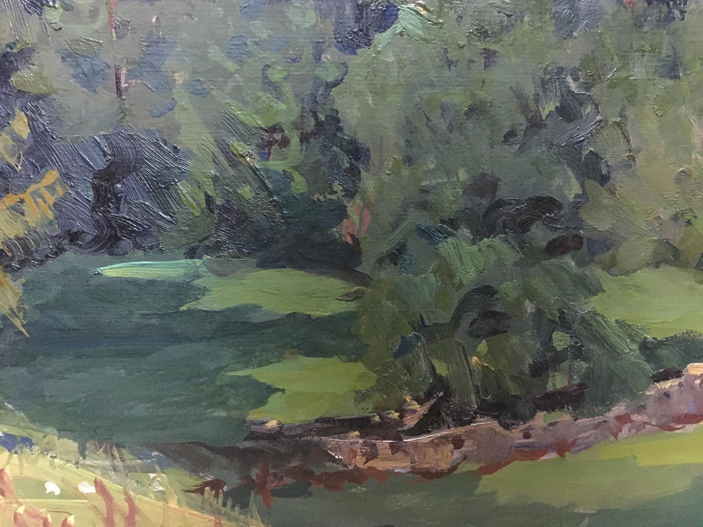 Oil painting of forest landscape by Anatoly Fomin, textured green foliage