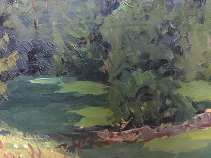 Oil painting of forest landscape by Anatoly Fomin, textured green foliage