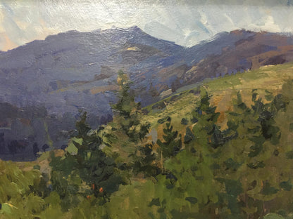 Oil painting Forest landscape by Anatoly Fomin: mountains and lush greenery