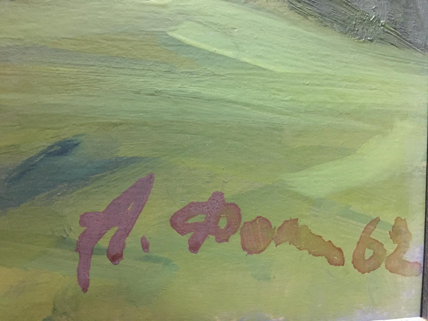 Signed a. reddish-brown signature on back of Anatoly Fomin forest oil painting