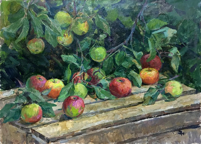 Oil painting of rustic crate overflowing with red and green apples in foliage