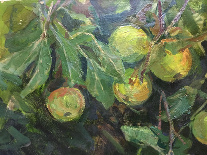 Oil painting Apples: vibrant green and yellow fruits among lush leaves