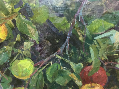 Vibrant green and red apples oil painting among lush leaves
