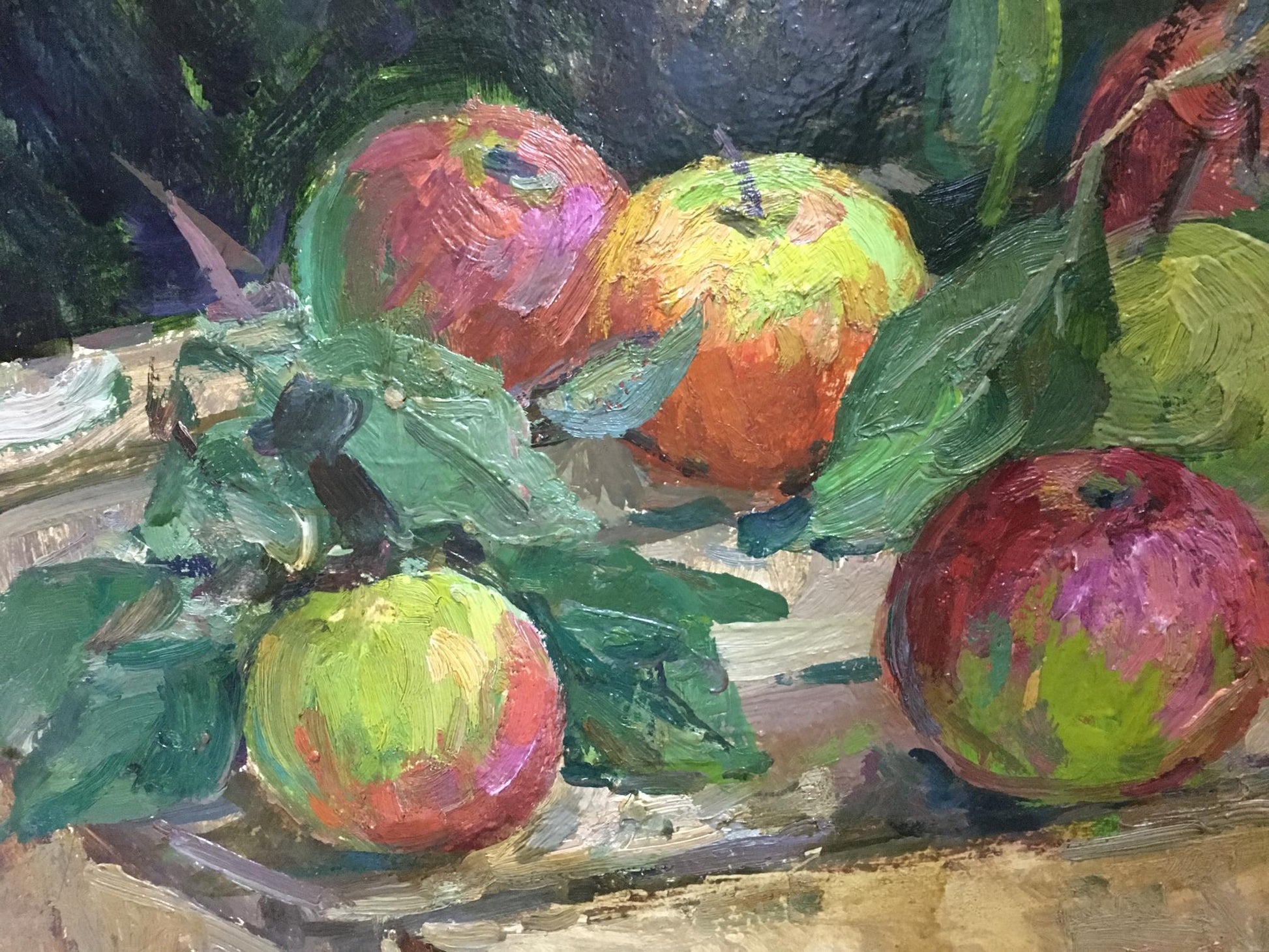 Vibrant impressionistic oil painting of apples in bold reds and greens
