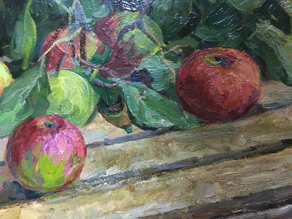 Vibrant impressionistic oil painting of red and green apples on wood