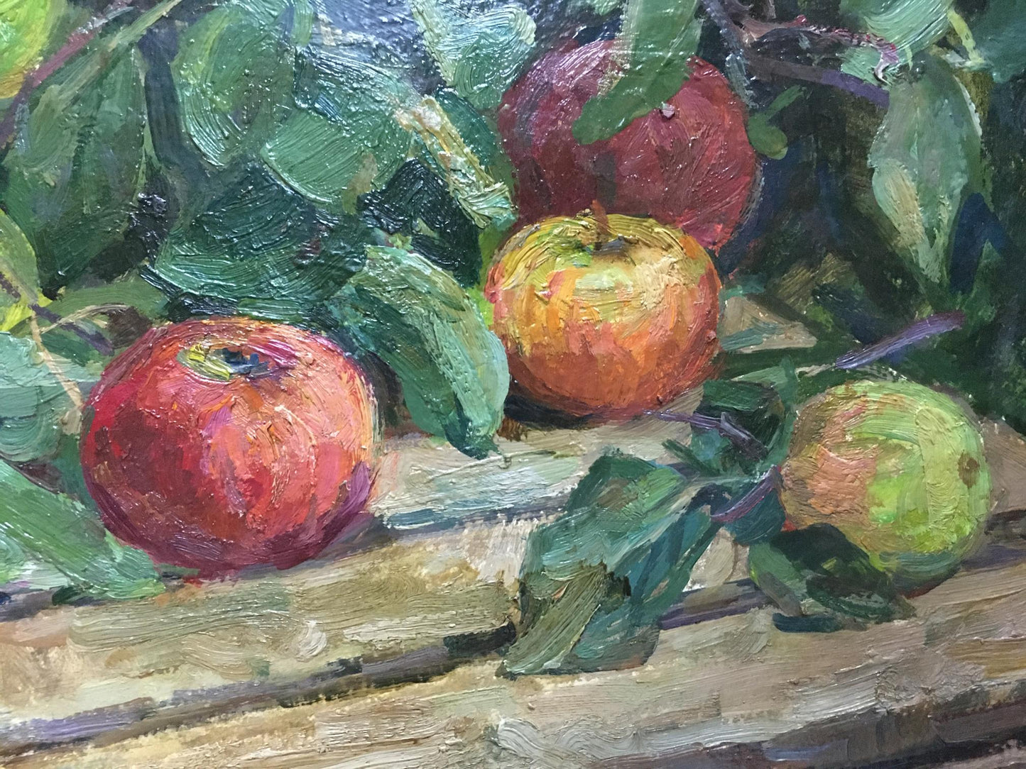Oil painting Apples: vibrant red, orange-red, green apples on leaves