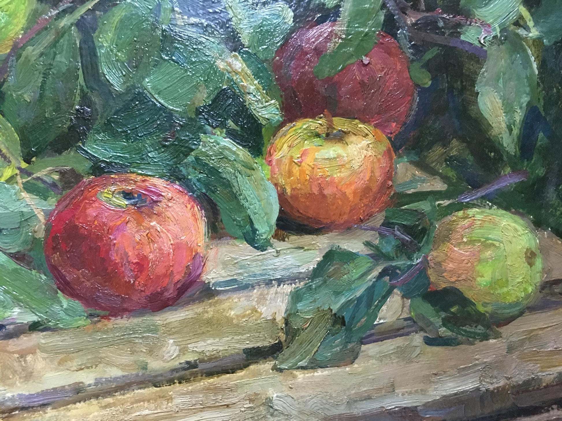 Oil painting Apples: vibrant red, orange-red, green apples on leaves