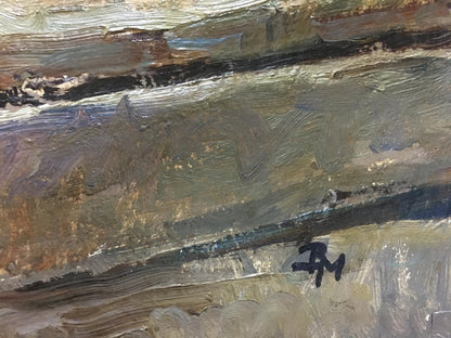 Textured oil painting of apples in earthy browns, grays, and muted blues