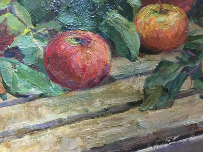 Vibrant red apple in glossy impressionistic oil painting with lush green leaves
