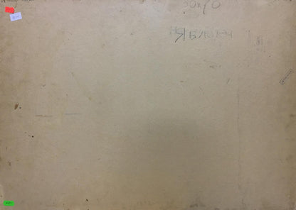 Back of beige aged canvas for Oil painting Apples with handwritten markings and labels