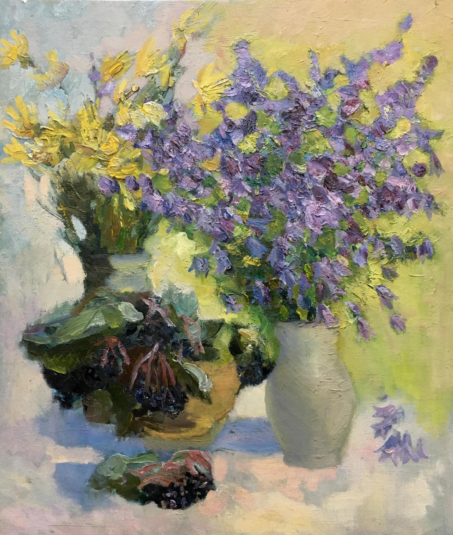 Oil painting of lilac and daisies by D. Varikutsa in textured vase