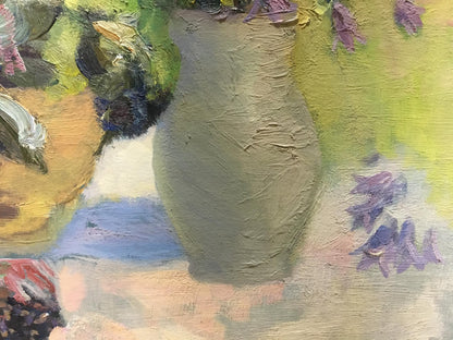 Textured olive-green ceramic vase by D. Varikutsa with lilac and daisies oil painting