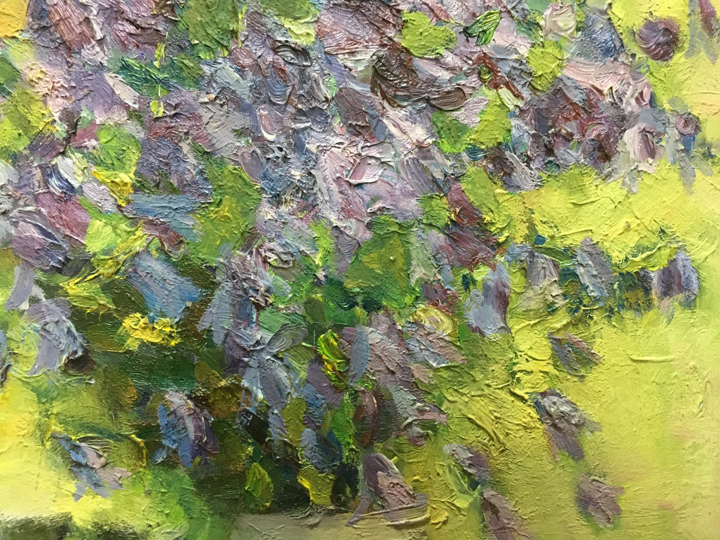 Oil painting Lilac and daisies by D. Varikutsa with vibrant impasto strokes